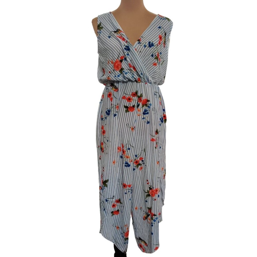 Scobe Womens Jumpsuit Deep V Neck Blue White Striped Birds Floral Flowy Sz L